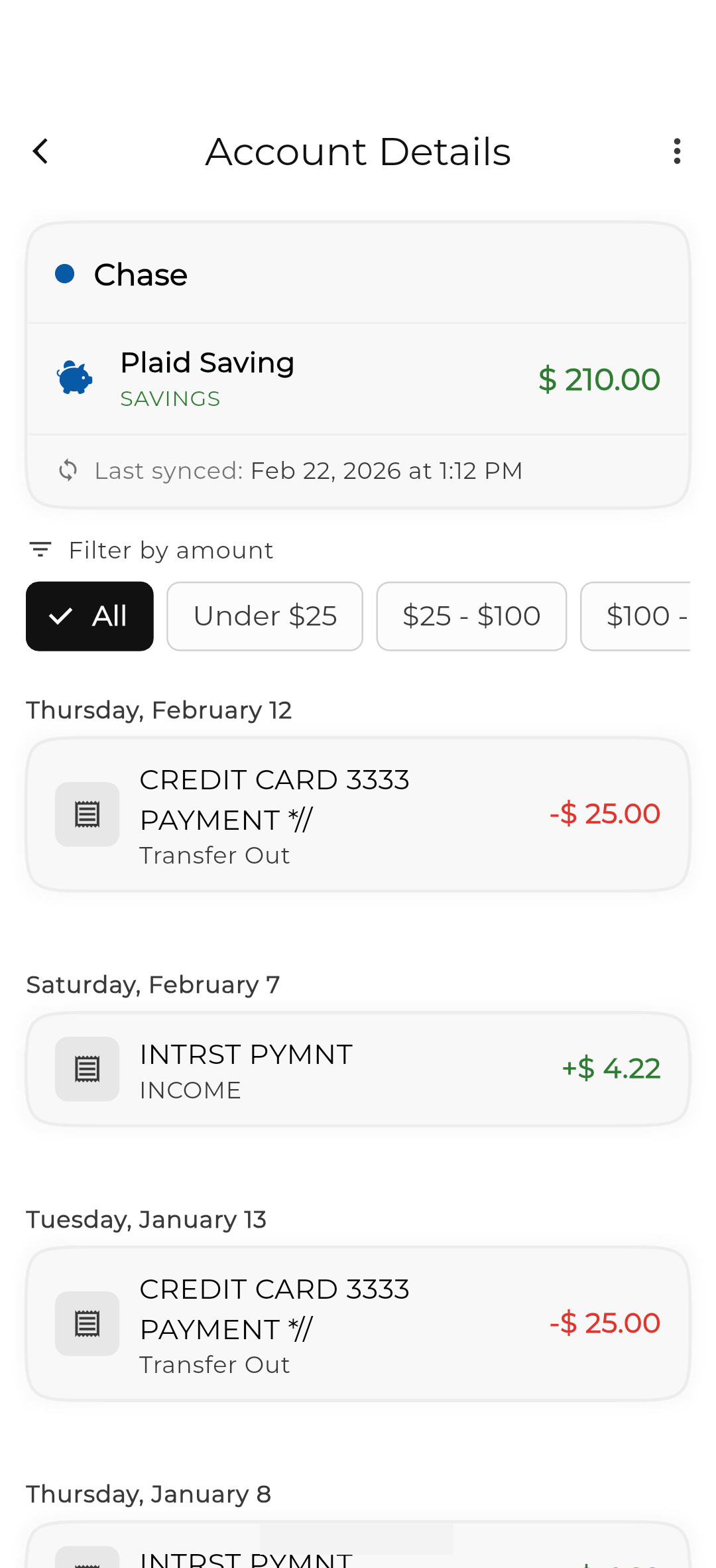 RetroFin account details showing linked bank accounts and transaction history