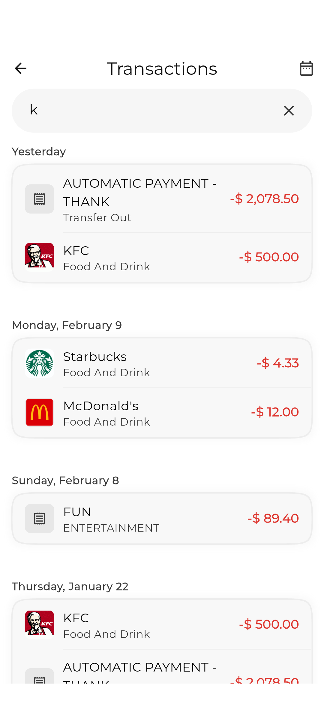 RetroFin transaction list with automatic categorization